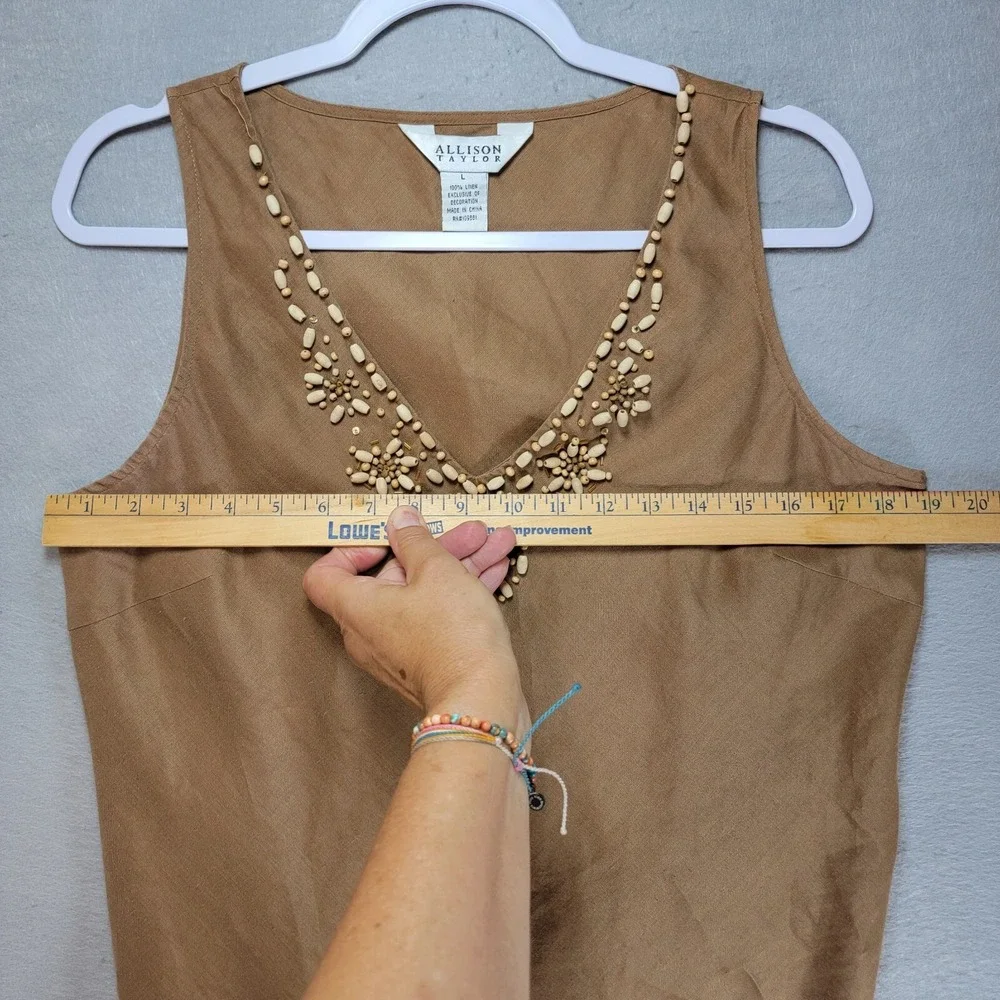 Allison Taylor Linen Tank‎ Top Womens L Beaded Sequin Tank Top Neutral Natural - Picture 11 of 12